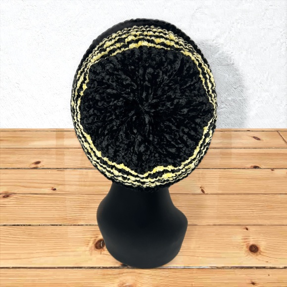 Handmade Super Soft Velvet Knit Beanie Handcrafted Striped Hat Blackbird & Lemon - Picture 6 of 11